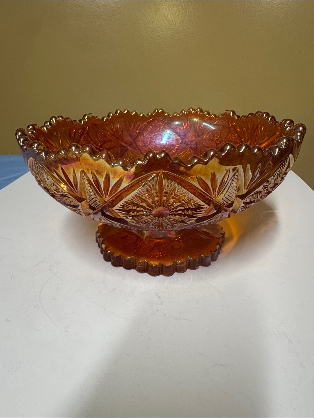 IMPERIAL GLASS-OHIO Fancy Flowers-Marigold Carnival Footed Bowl 8.5” by 4.25”